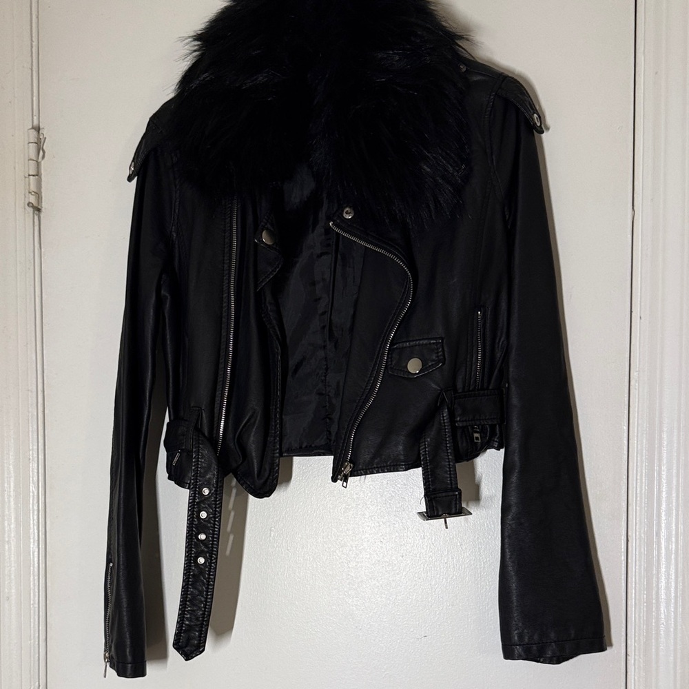 Black Faux Fur Collar Moto Jacket - Women
